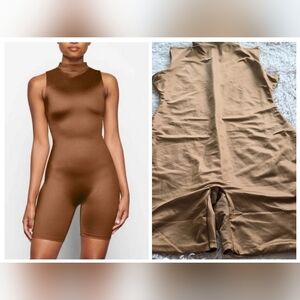 SKIMS All-In-One Shine Mock Neck Mid Thigh Onesie Carmel 3X NWT